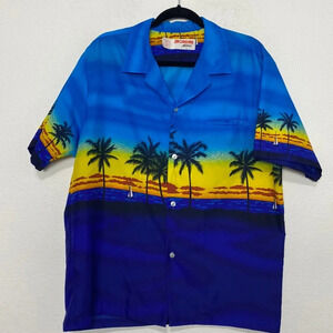 Vintage Shoreline Men's Blue/Yellow Tropical Palm Tree Sunset Beach Shirt Size L